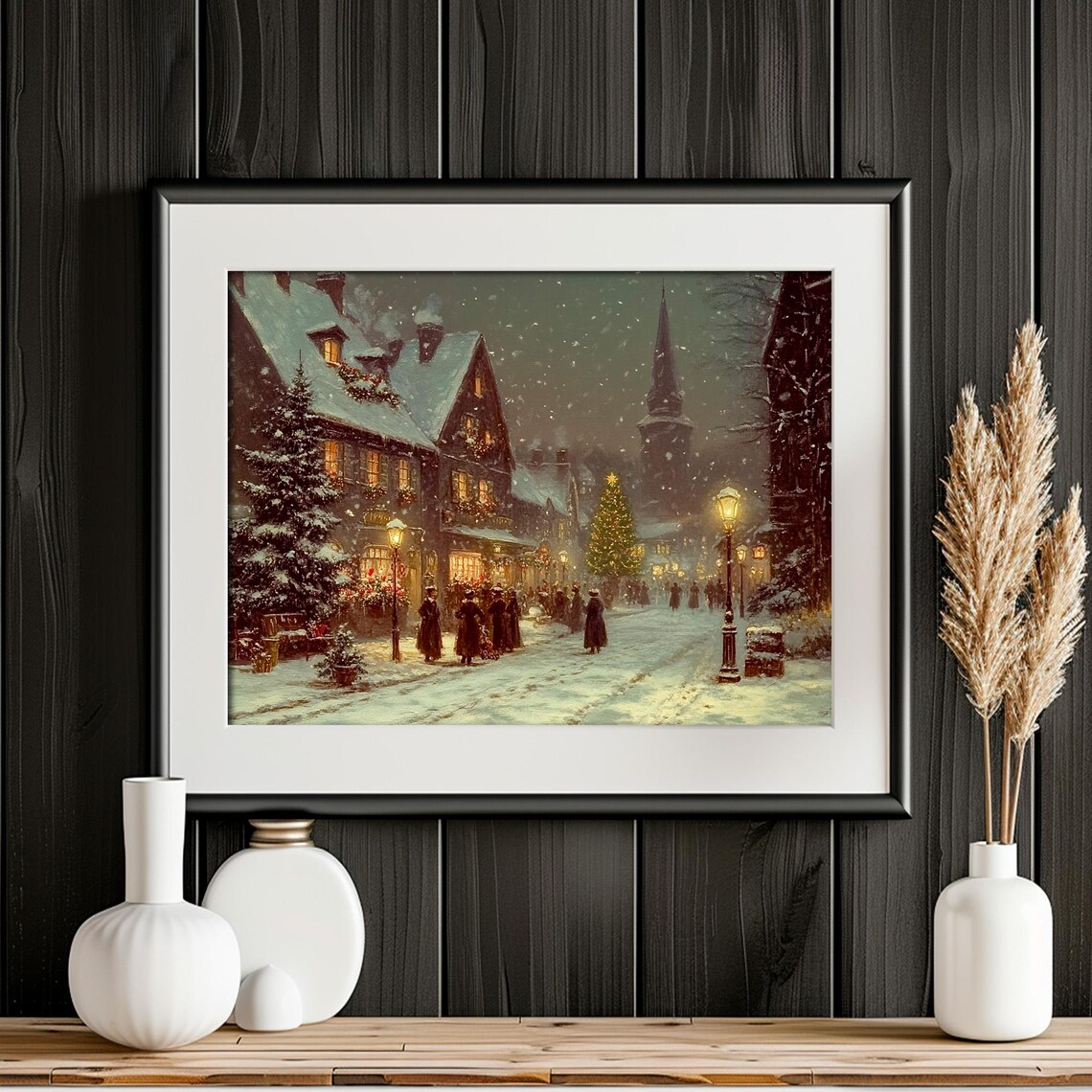Vintage Christmas Village Wall Art Victorian City Town Street During Christmas Winter Snowy Painting Print - Image 5