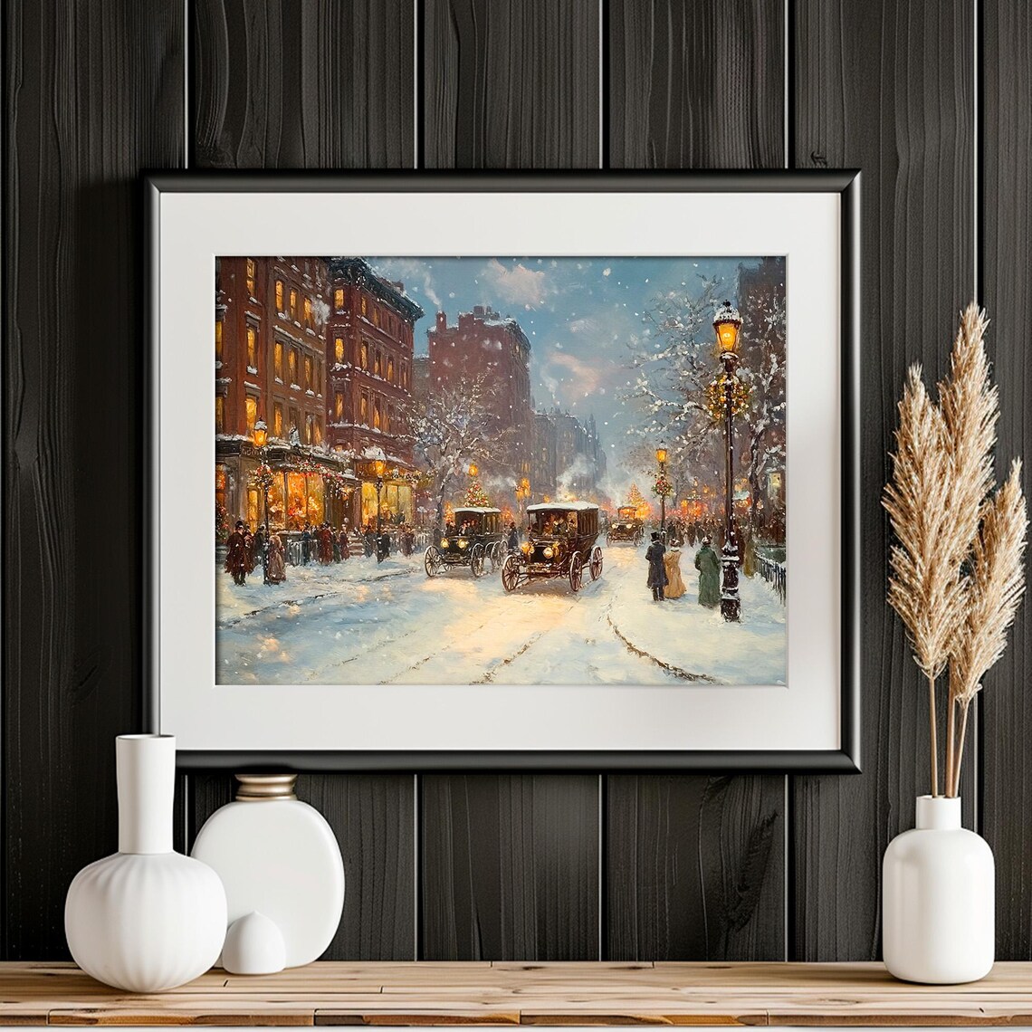 Vintage New York City Christmas Snowy Street Old Cars Wall Art - Image 2
