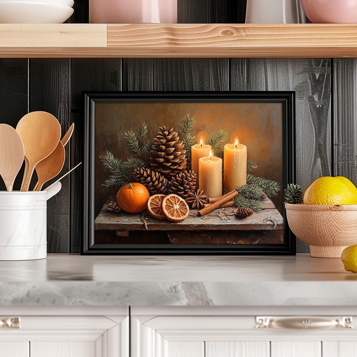 Cozy Antique Holiday Candle and Pinecone Art Print - Image 2