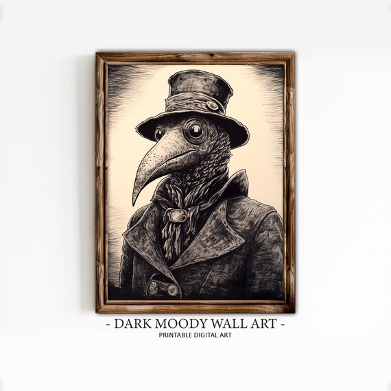 Plague Doctor Beaked Mask Top Hat Monochrome Ink Drawing Poster