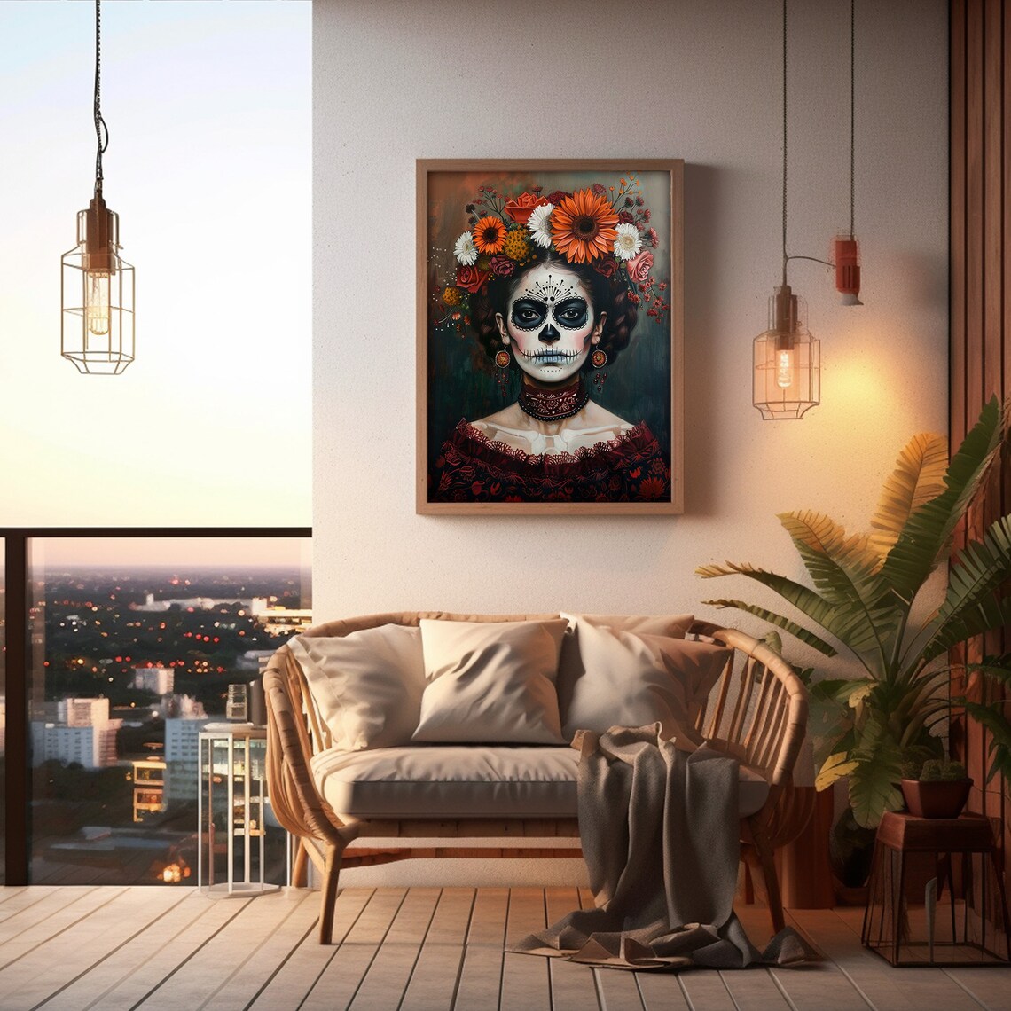 Calavera Woman Orange Flower Crown Day of the Dead Portrait Poster - Image 5