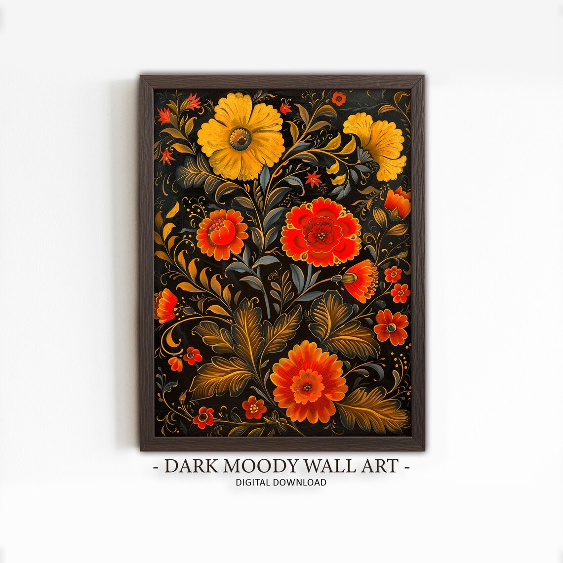 Russian Khokhloma Folk Floral Pattern Black Gold Art Decor Poster