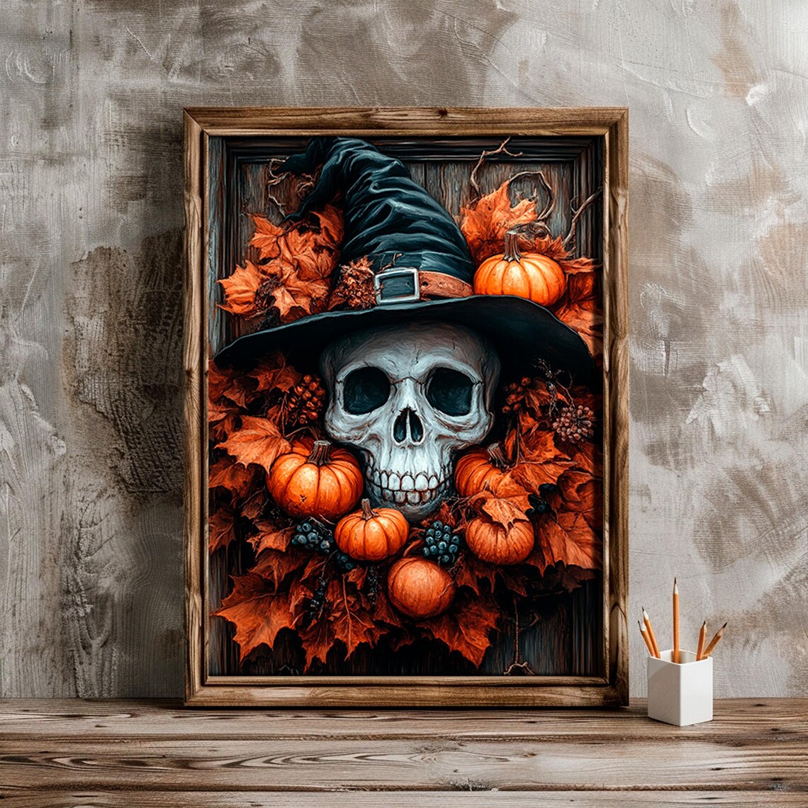Skull in Witch Hat With Pumpkins and Autumn Leaves Spooky Halloween Poster - Image 4