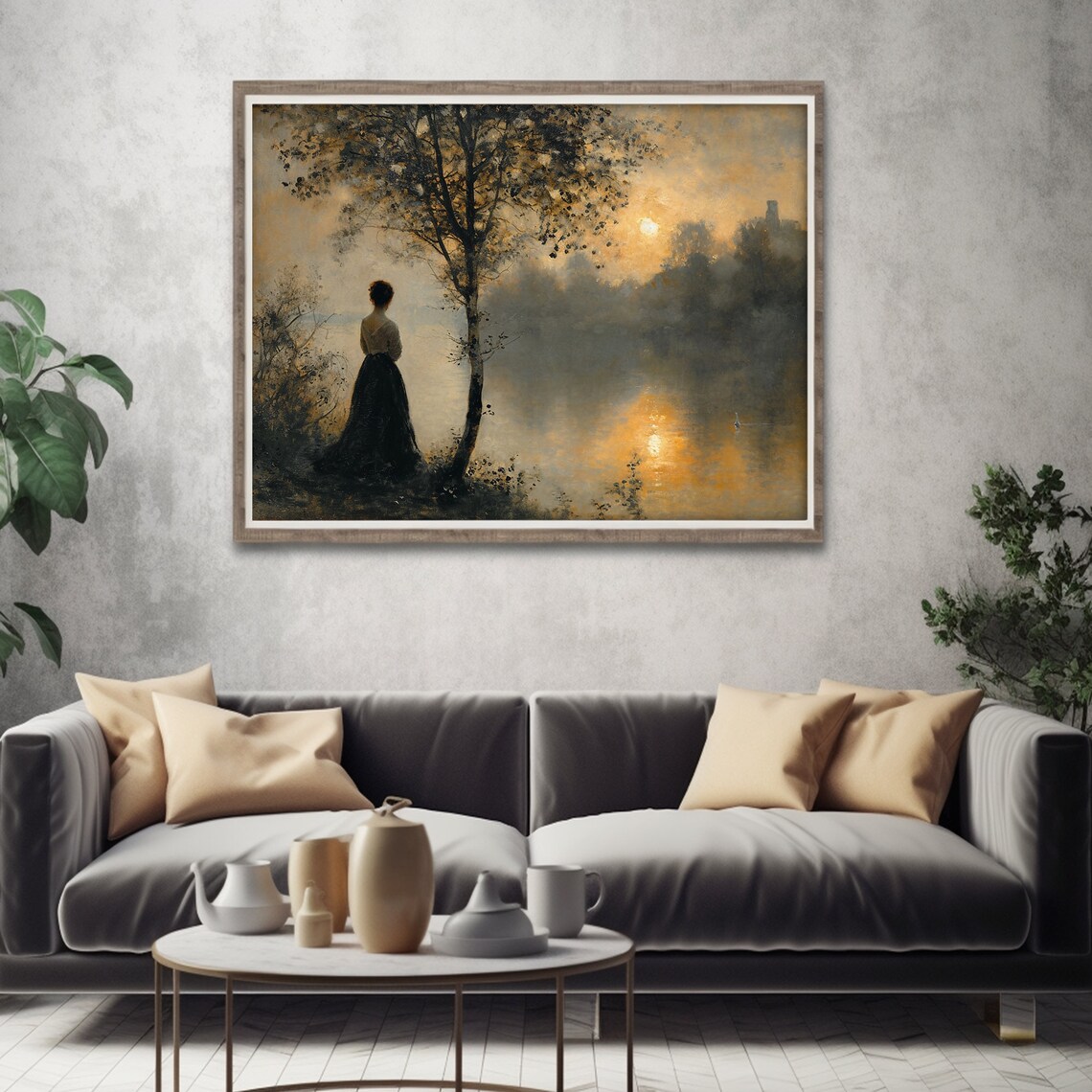 Woman in Long Dress by Lake at Golden Sunset Romantic Fall Painting Poster - Image 4
