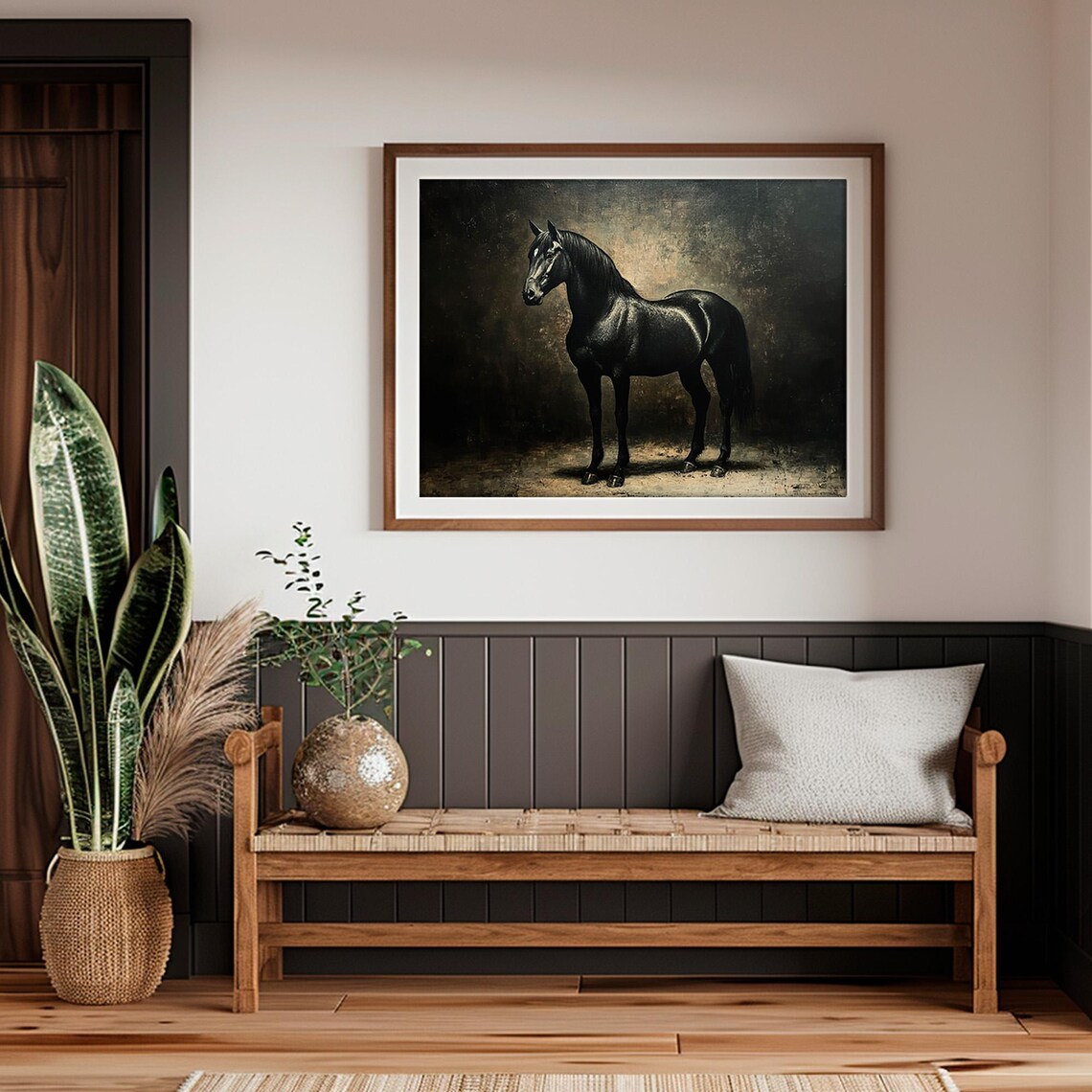 Dark Moody Black Horse Portrait Rustic Vintage Painting Poster - Image 2