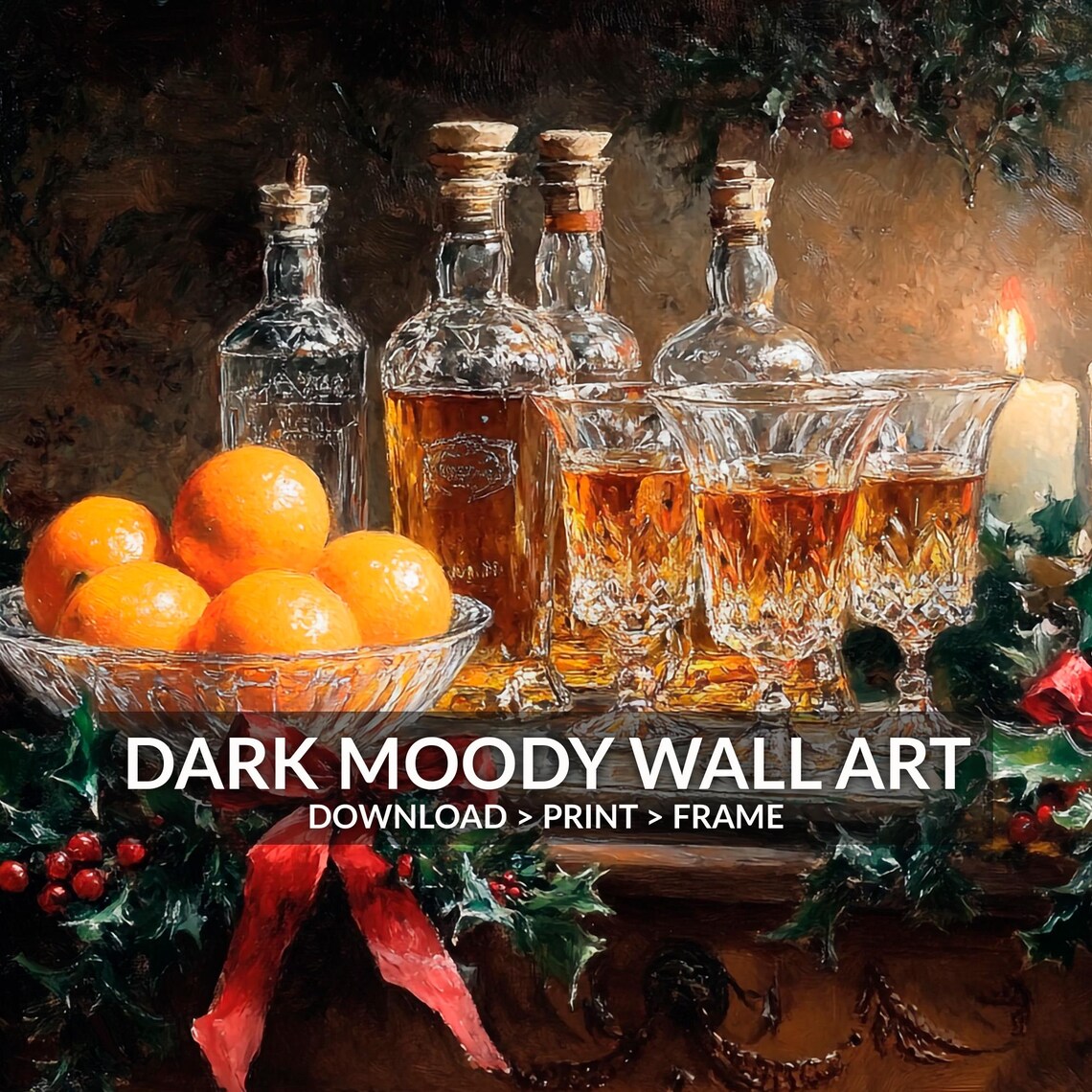 Christmas Whiskey Bar Cart Decanters Holly Candles Moody Poster - Image 2