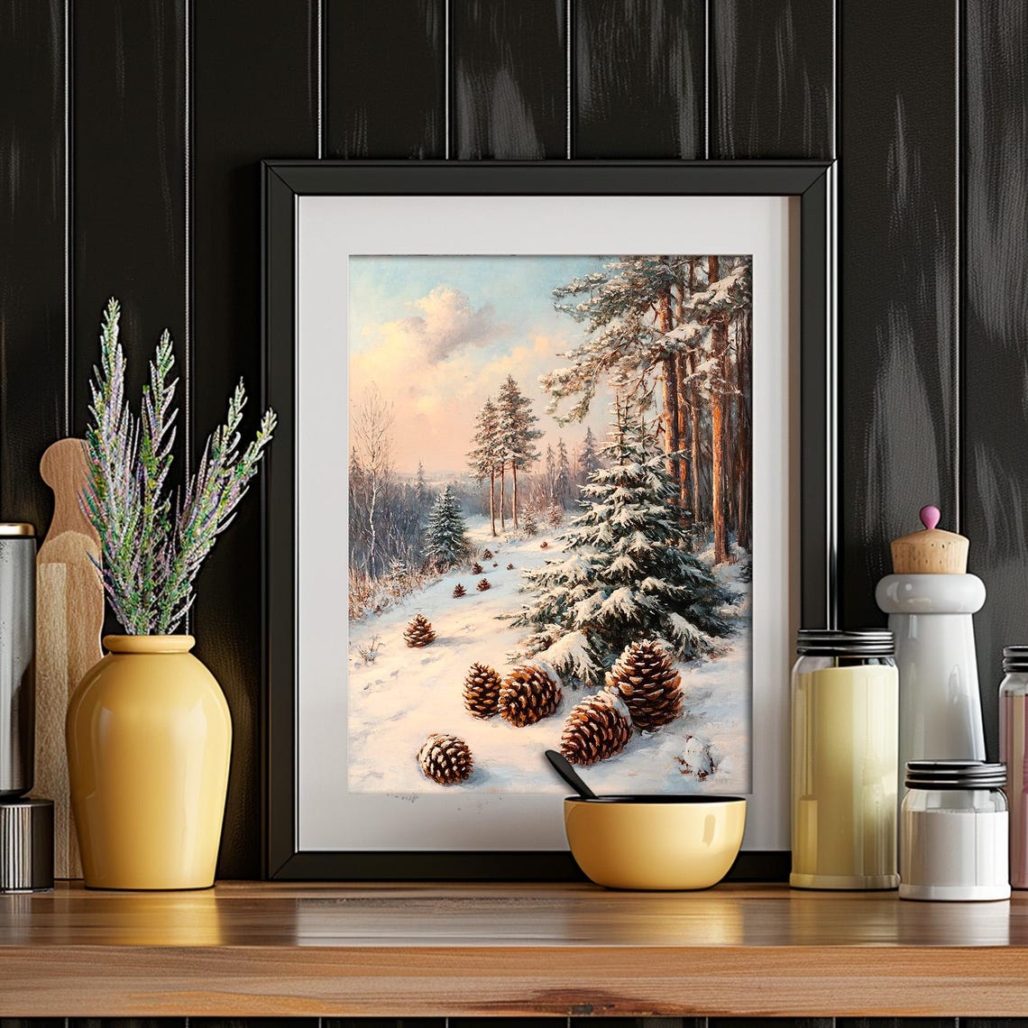 Winter Forest Snow Landscape Pinecones Pastel Morning Poster - Image 4