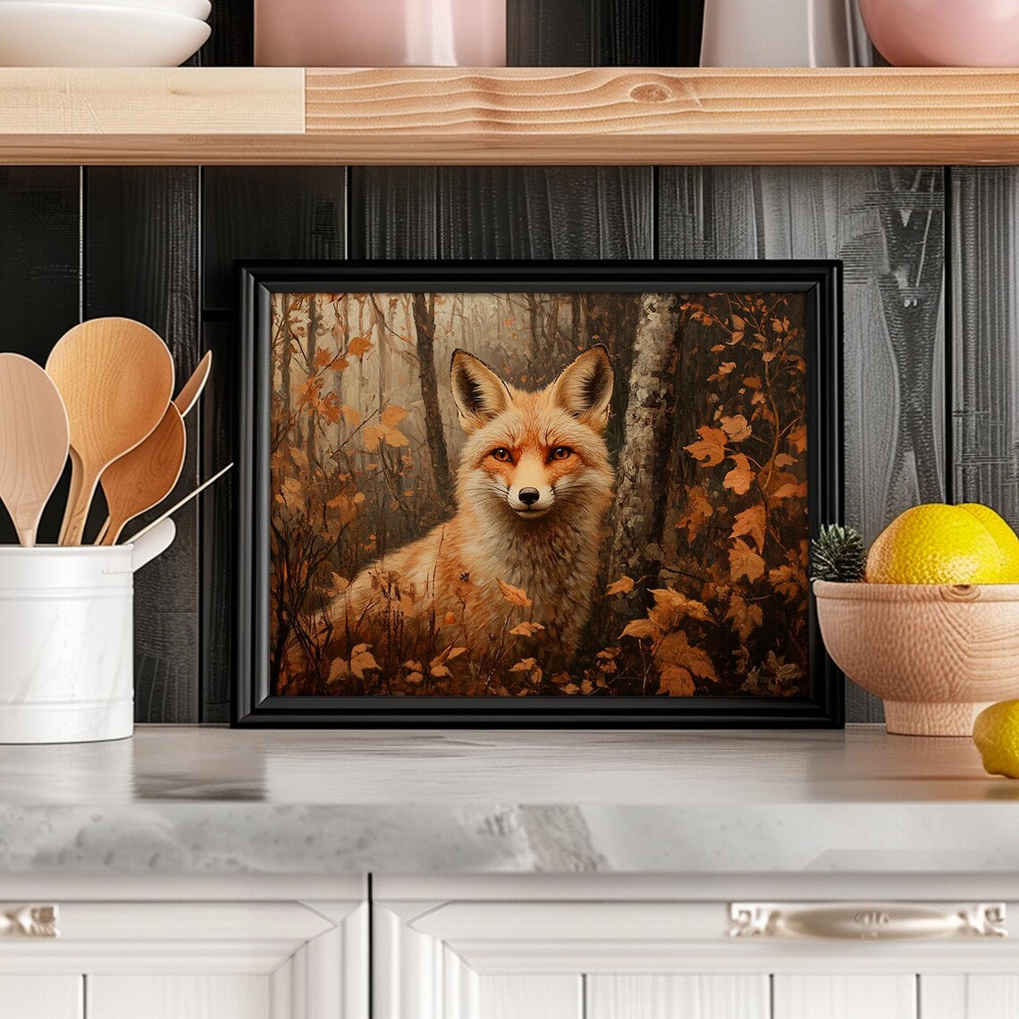 Red Fox Face Autumn Foliage Woodland Wildlife Painting Wall Art - Image 2