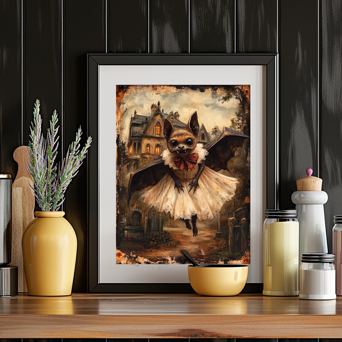 Whimsical Bat in White Dress With Red Bow Haunted House Halloween Poster - Image 6