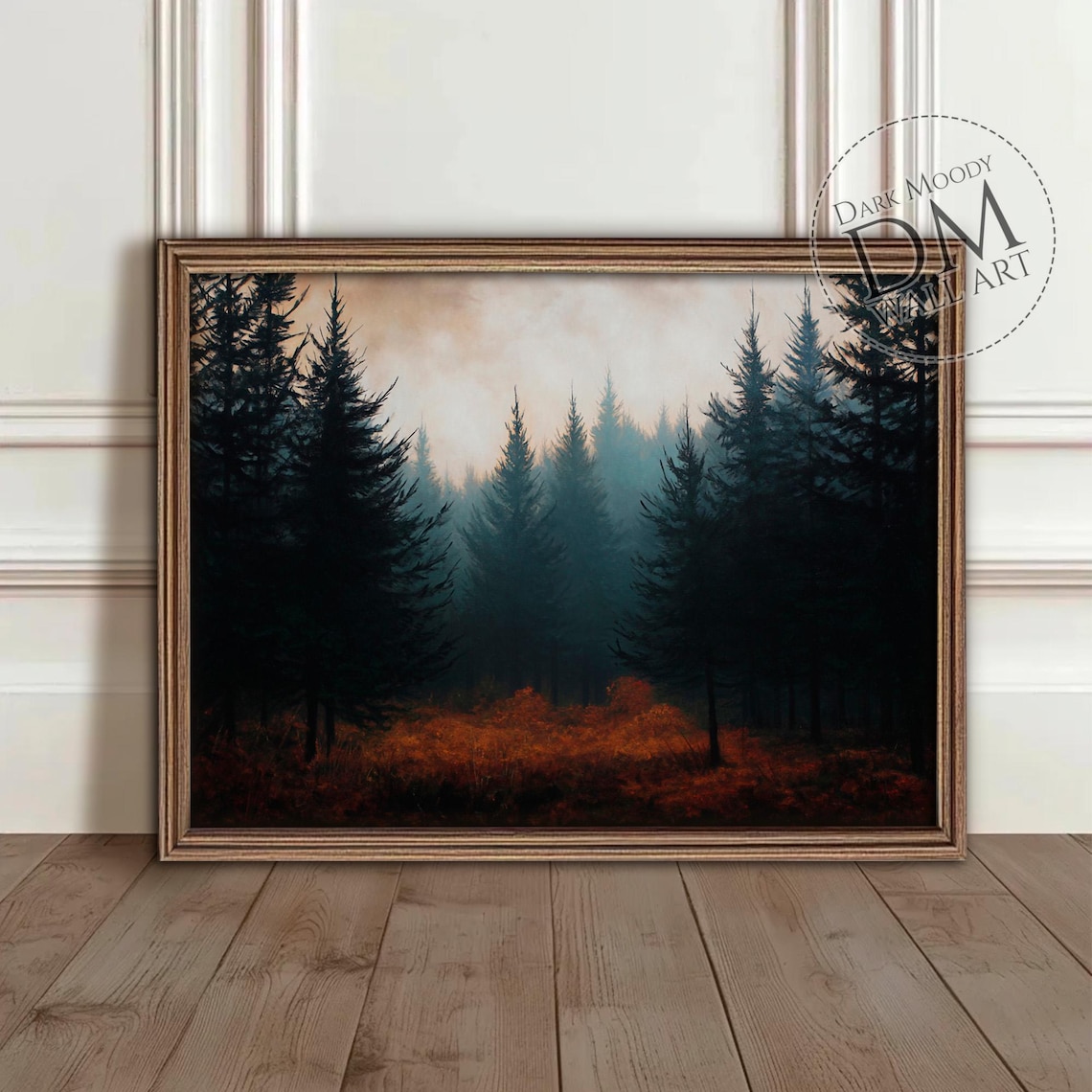 Foggy Pine Forest Landscape Wall Art Moody Gothic Autumn Scene