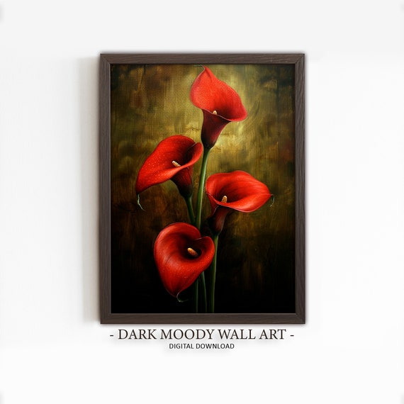 Red Calla Lily Painting Dark Academia Decor Flower Still Life Dark Moody Mexican Floral Wall Art