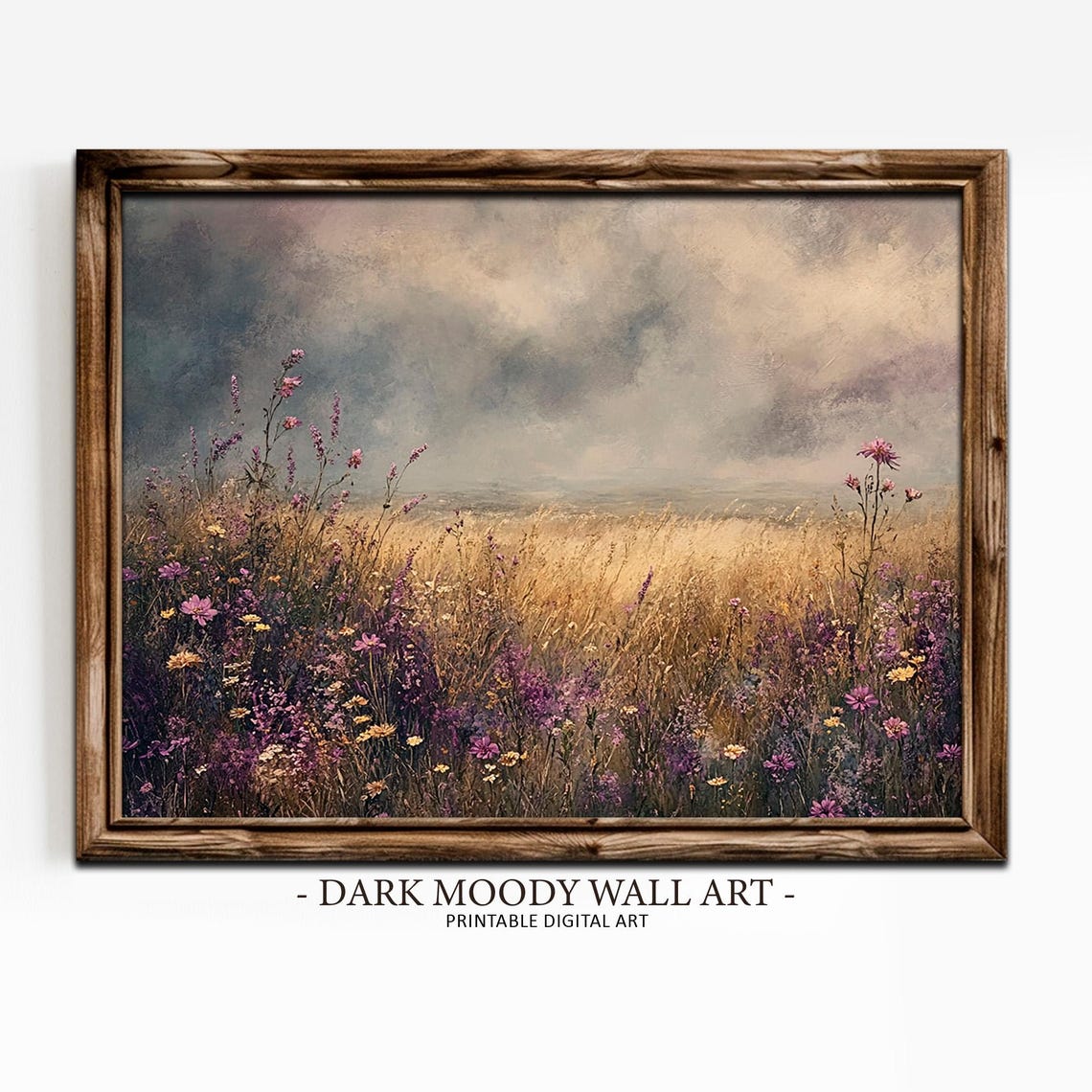 Purple Wildflower Field Under Stormy Sky Moody Meadow Landscape Poster - Image 2