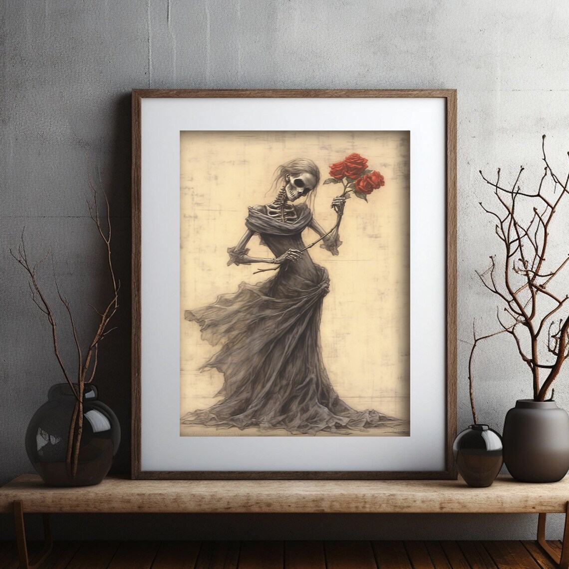 Skeleton Lady in Dark Gown Holding Red Roses Gothic Halloween Painting Poster - Image 3