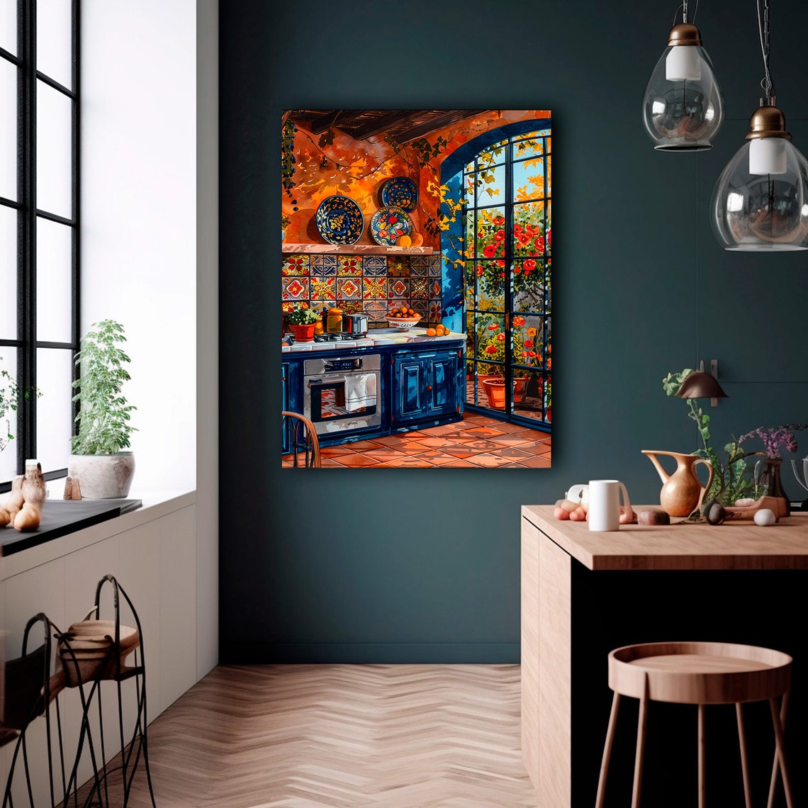 Mexican Kitchen Blue Cabinets Talavera Plates Garden Window Art Poster - Image 2