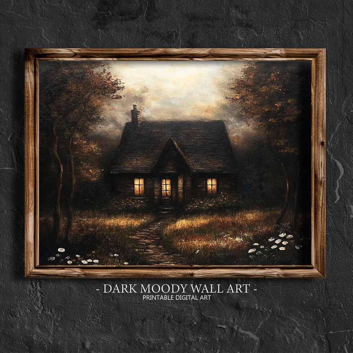 Haunted Dark Cottage Glowing Windows Autumn Night Moody Art Poster