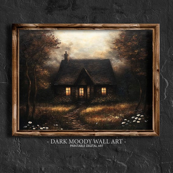 Farmhouse Cottage Print Moody Landscape Painting Dark Moody Wall Art Forest Wall Art Dark Cottagecore Print Rustic Forest Art