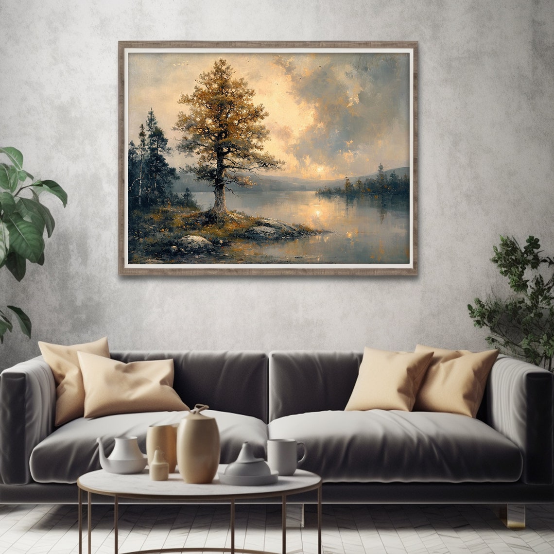 Lone Golden Tree Lake Sunset Rocks Moody Nature Landscape Poster - Image 4
