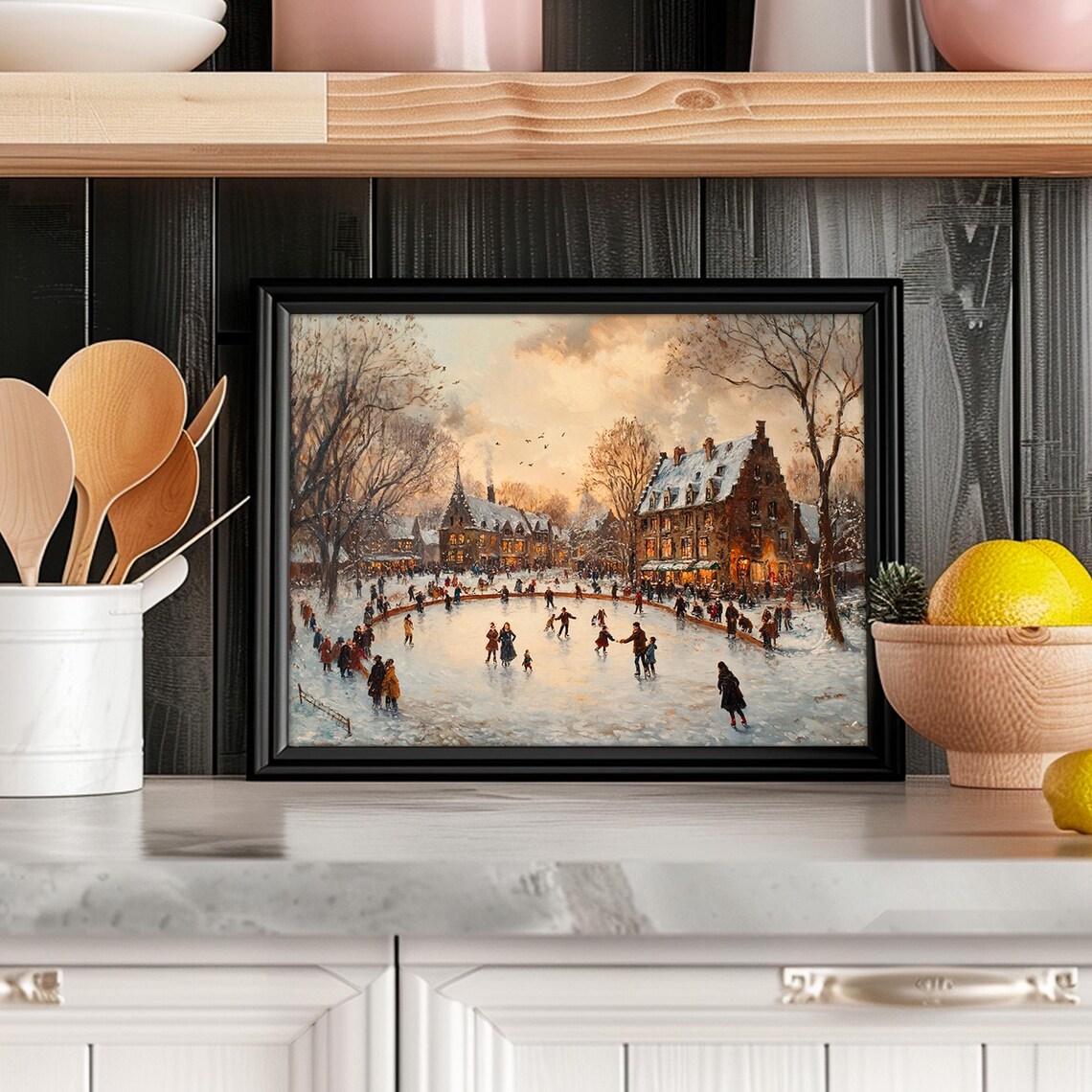 Victorian Ice Skating Village Scene Vintage Winter Painting Poster - Image 4
