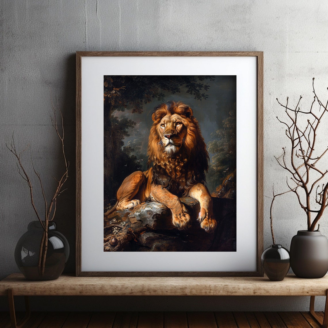 Antique Lion Painting Dark Moody Art Rustic Farmhouse Decor - Image 2