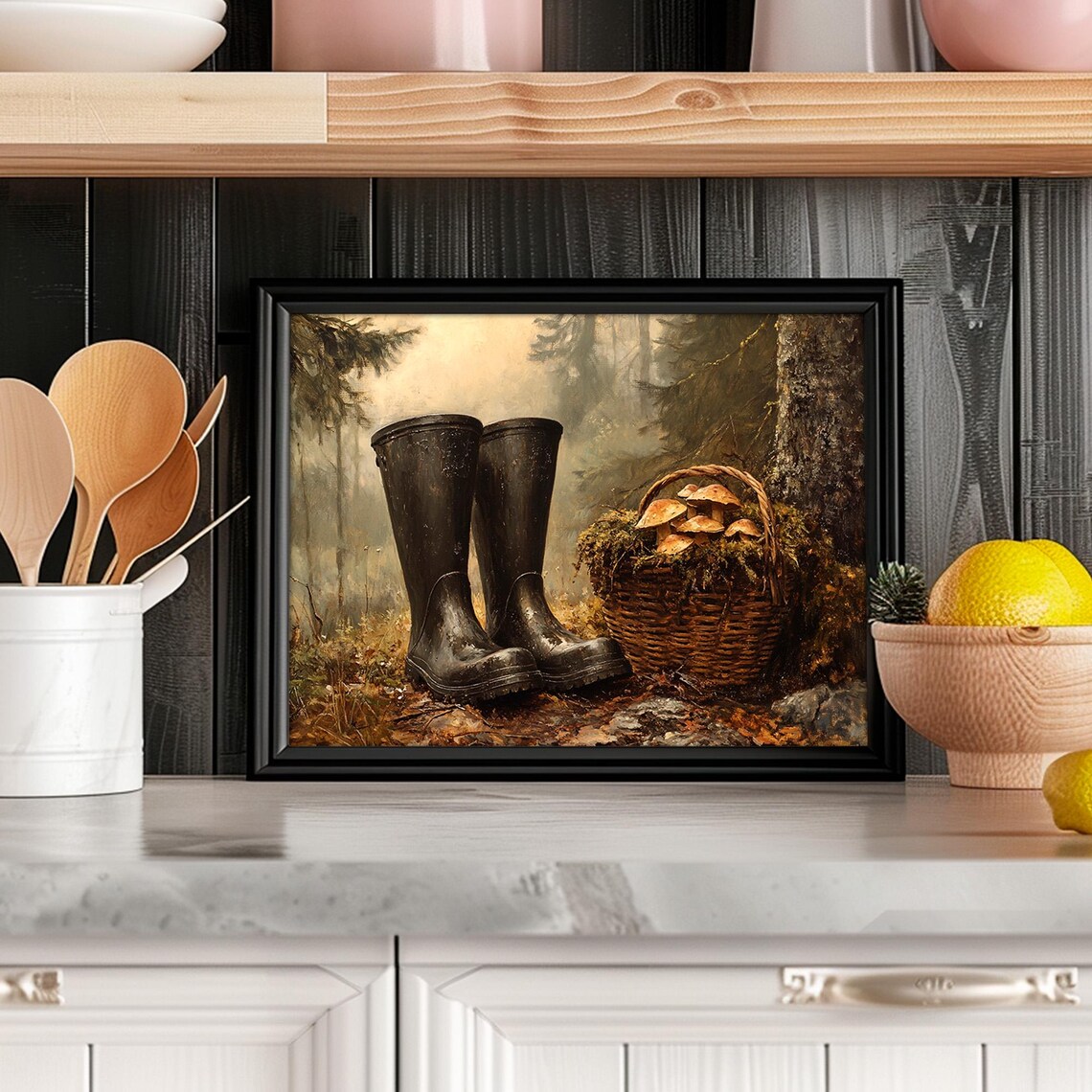Black Rain Boots and Mushroom Basket in Misty Autumn Woods Vintage Poster - Image 6