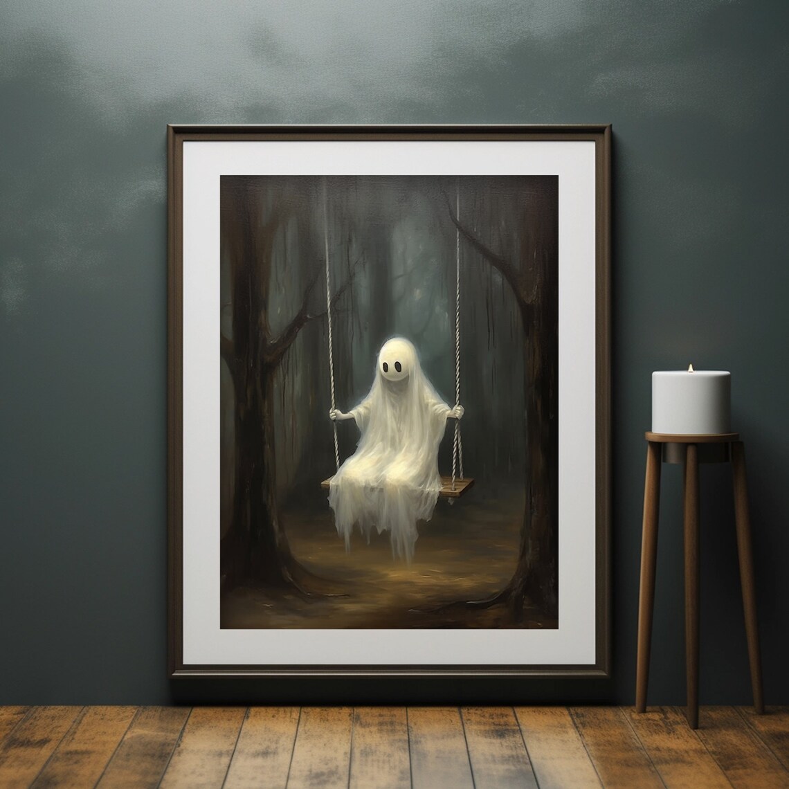 Cute Ghost on Rope Swing in Dark Forest Moody Halloween Painting Poster - Image 6