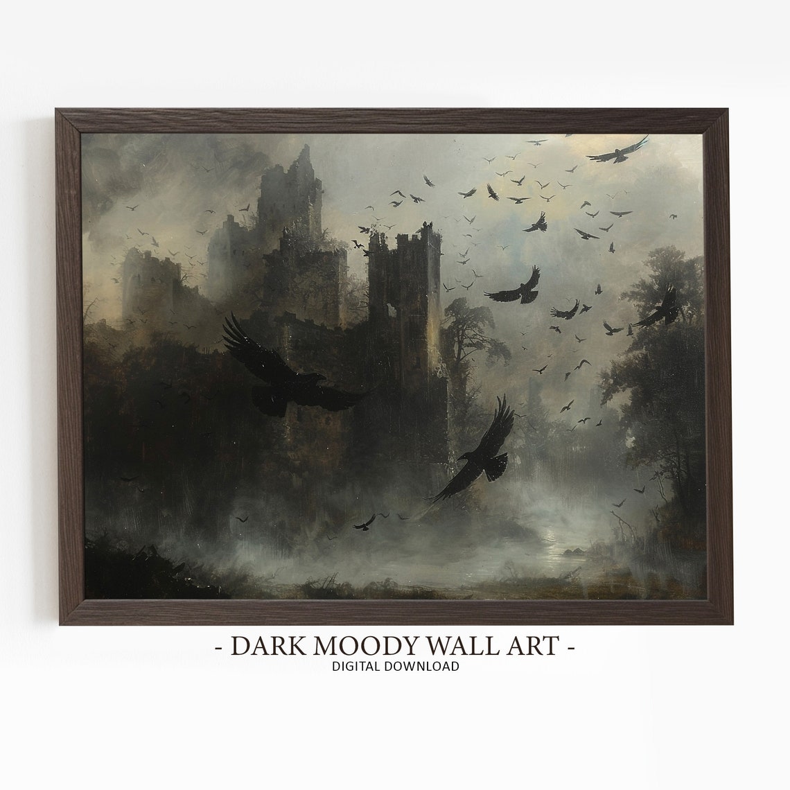 Dark Gothic Castle Ruins Circling Crows Under Stormy Sky Wall Art