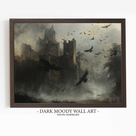 Dark Castle With Circling Crows Print Dark Moody Landscape Art Gothic Halloween Painting