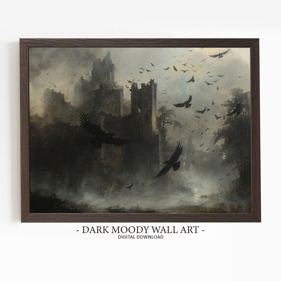 Dark Gothic Castle Ruins Circling Crows Under Stormy Sky Wall Art