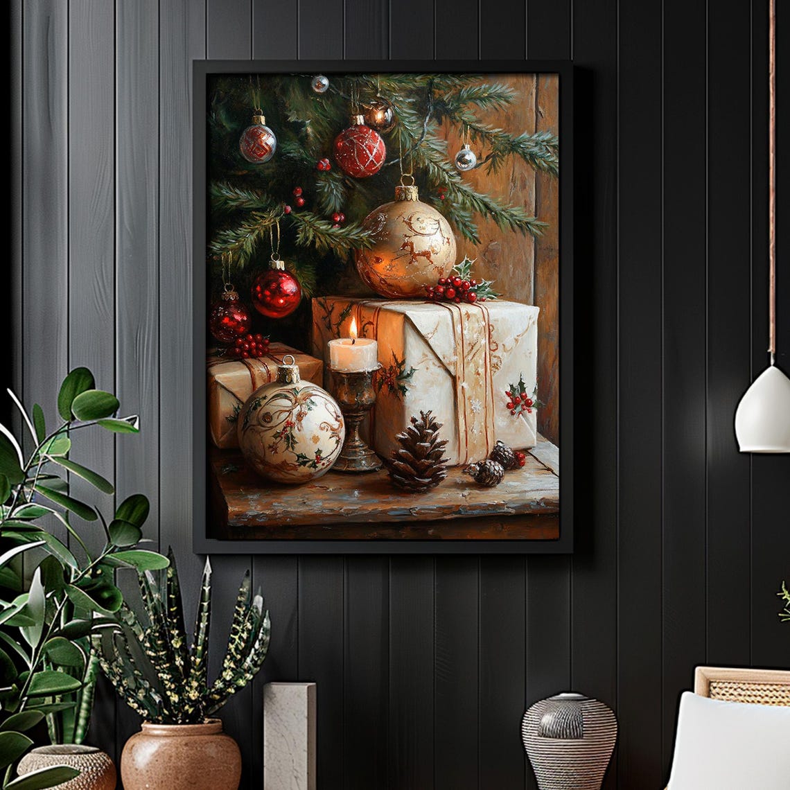 Christmas Ornaments Still Life Gifts Candle Pinecones Poster - Image 4