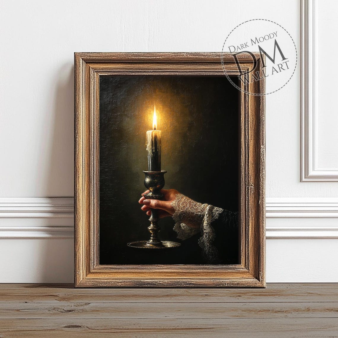 Hand Holding Lit Candle In Silver Candlestick Lace Cuff Dark Poster