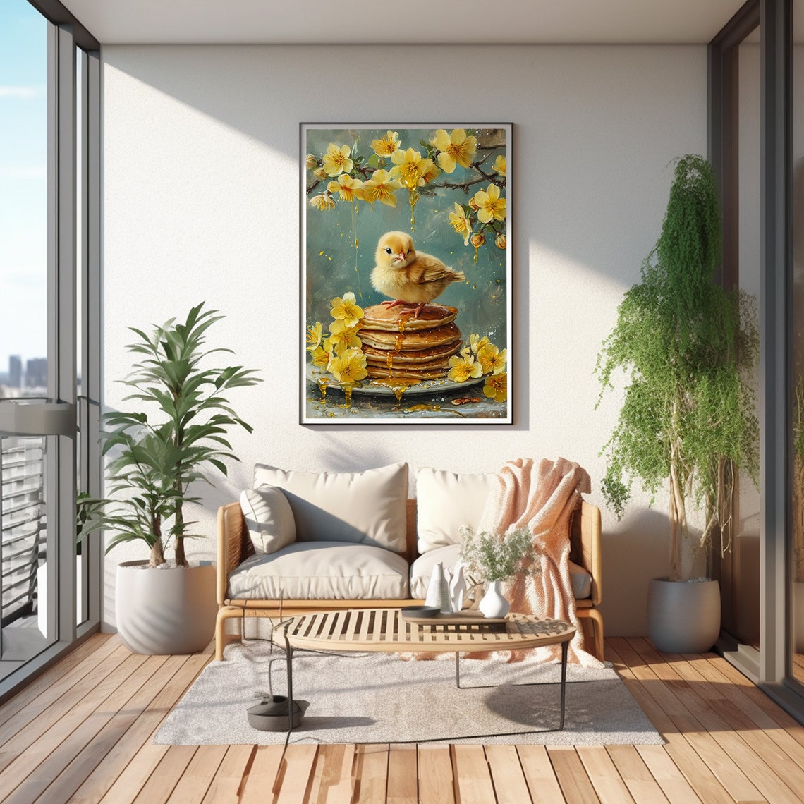 Cute Chick Standing on a Pancake Stack with Honey Spring Art Poster - Image 5