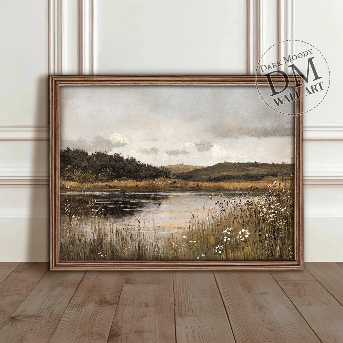 Irish Countryside Lake Landscape Art Print, Rustic Moody Hills