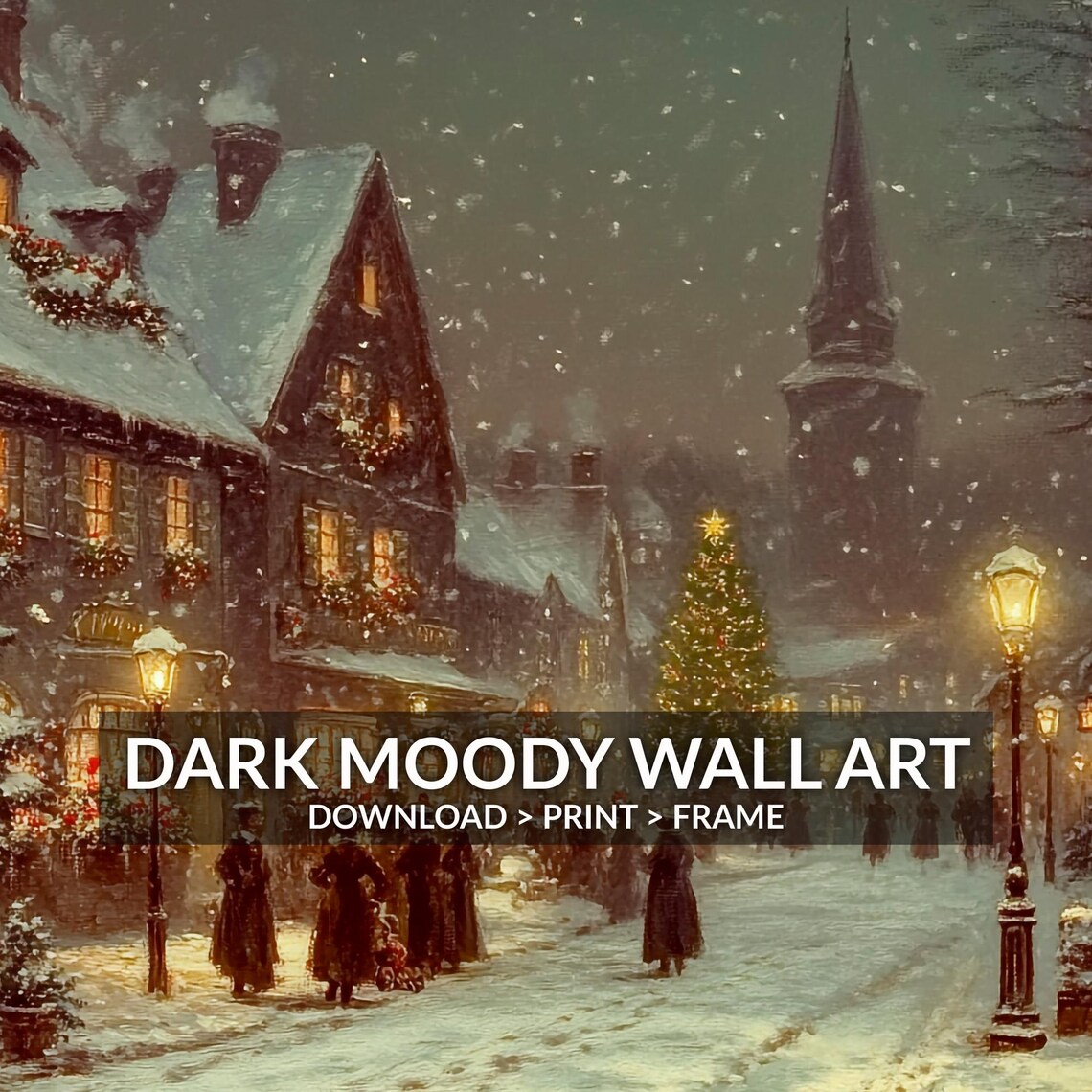 Vintage Christmas Village Wall Art Victorian City Town Street During Christmas Winter Snowy Painting Print - Image 6