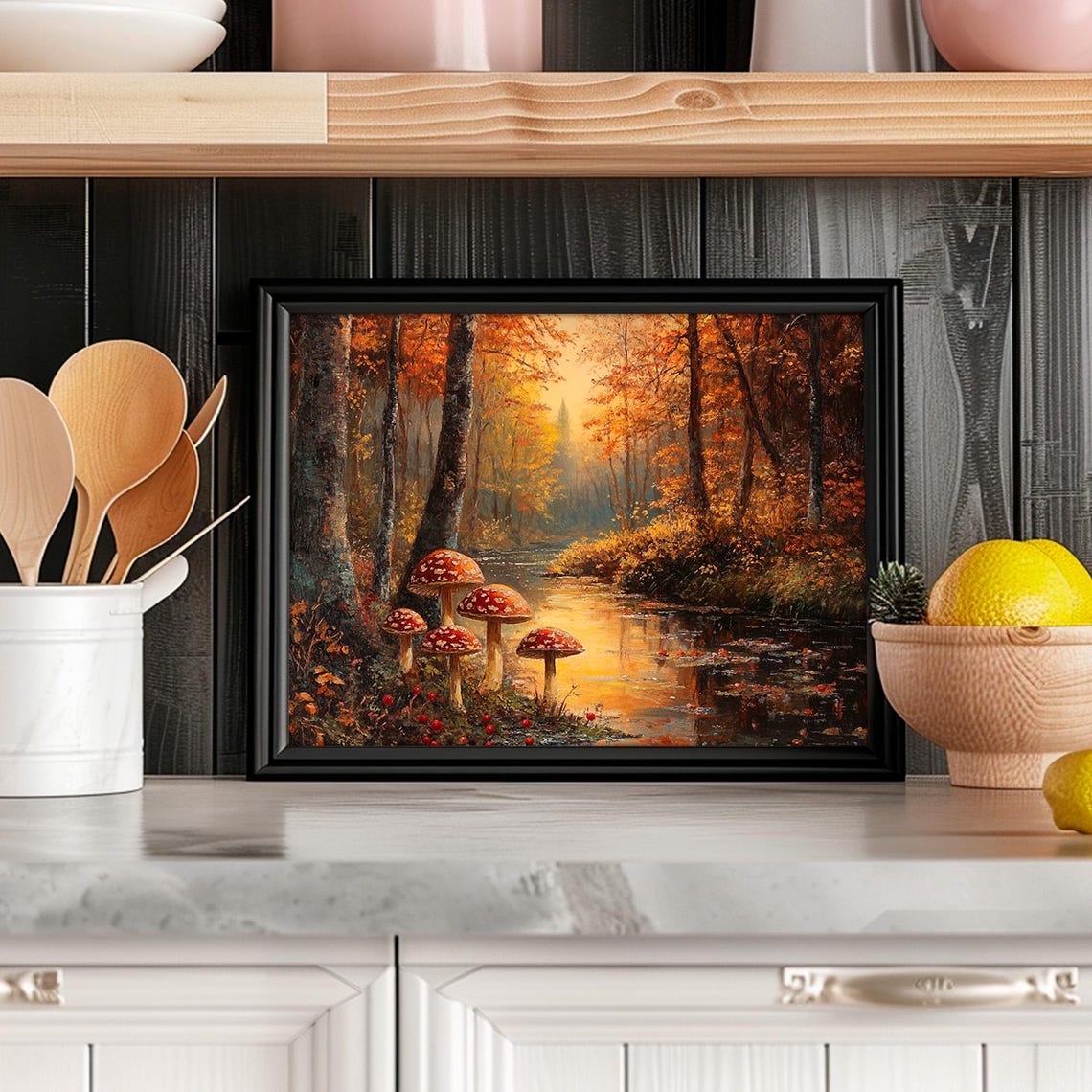 Fly Agaric Mushrooms Forest Stream Golden Autumn Painting Wall Art - Image 6