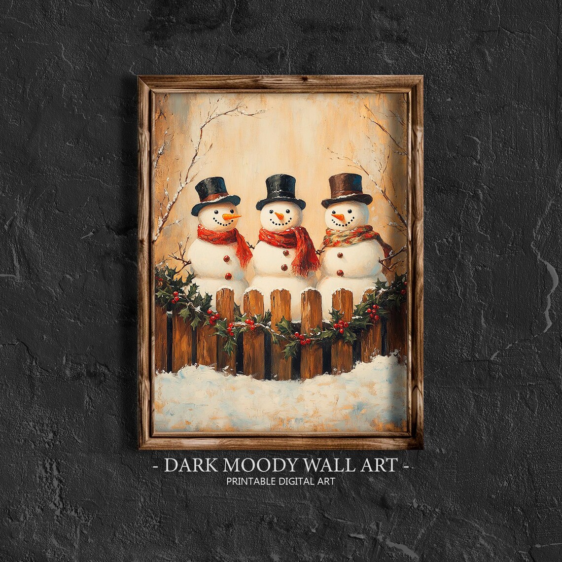 Three Snowmen Fence Holly Top Hats Red Scarves Winter Poster