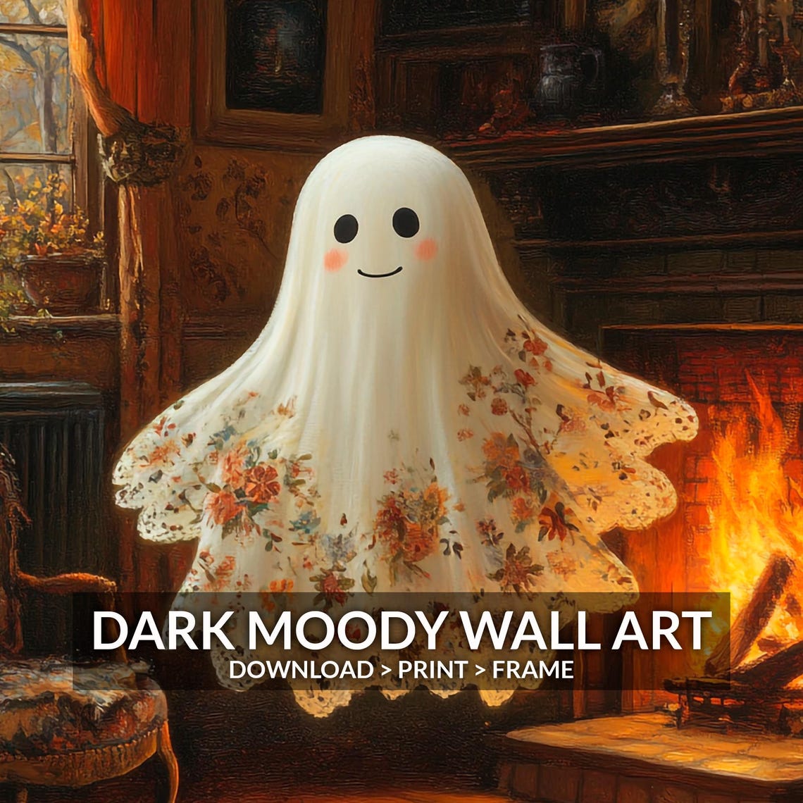 Cute Ghost Floral Sheet Cozy Victorian Parlor Fireplace Wall Art - Image 6
