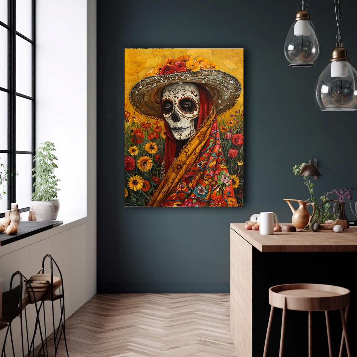 Catrina Sugar Skull Straw Hat Marigold Field Folk Art Poster - Image 4