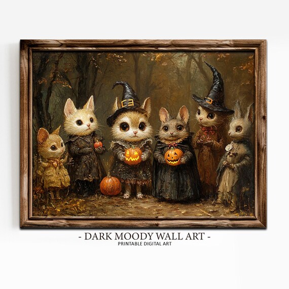 Kittens in Witch Hats Holding Pumpkins Forest Halloween Group Poster