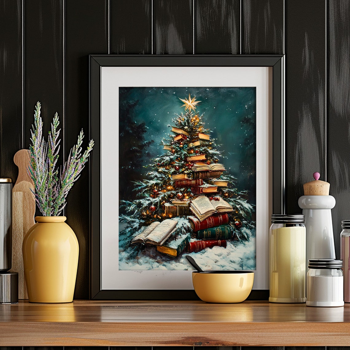 Book Stack Christmas Tree With Star Topper Snowy Night Print - Image 5