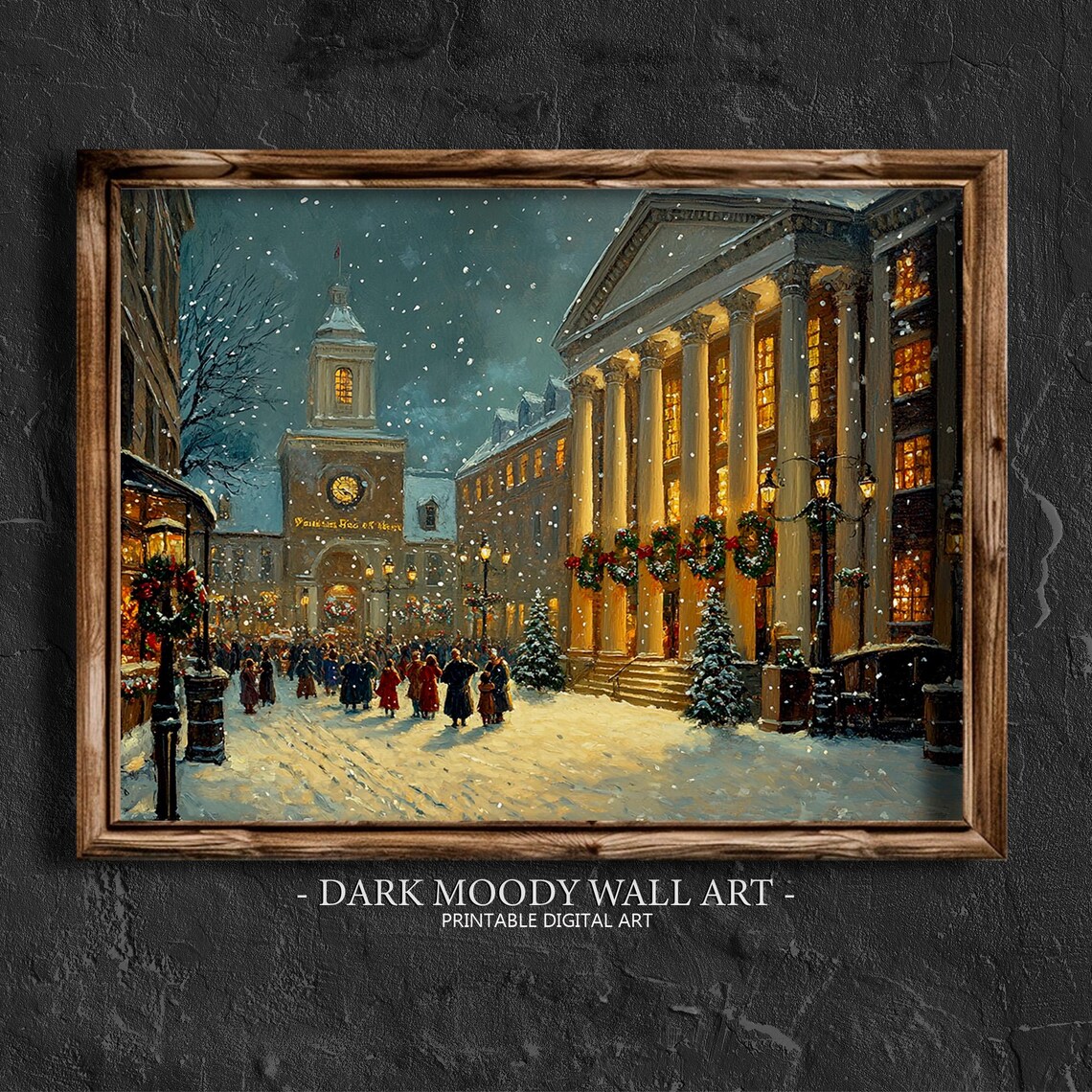 Victorian Old Town Square Clock Tower Snowy Market Night Poster