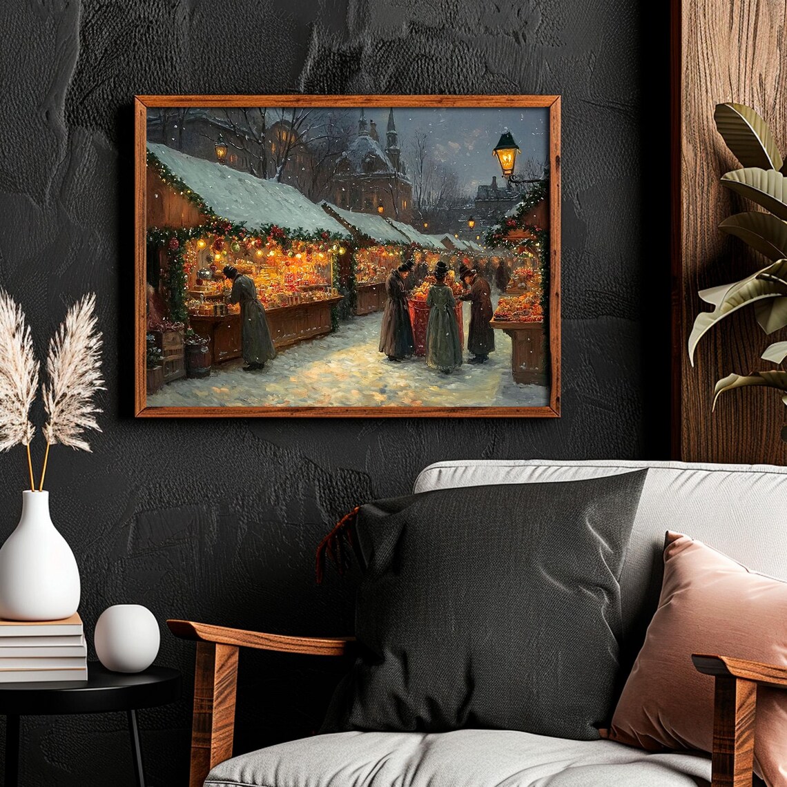 Christmas Market Lanterns Church Spire Evening Snow Painting Poster - Image 4