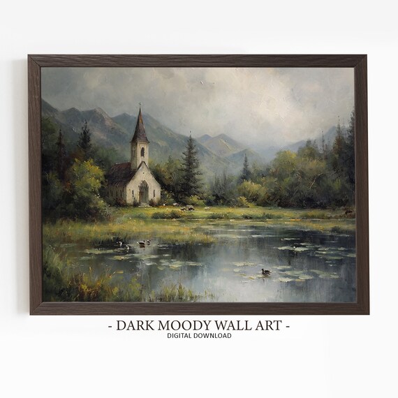Vintage Church Painting Moody Landscape Art Print