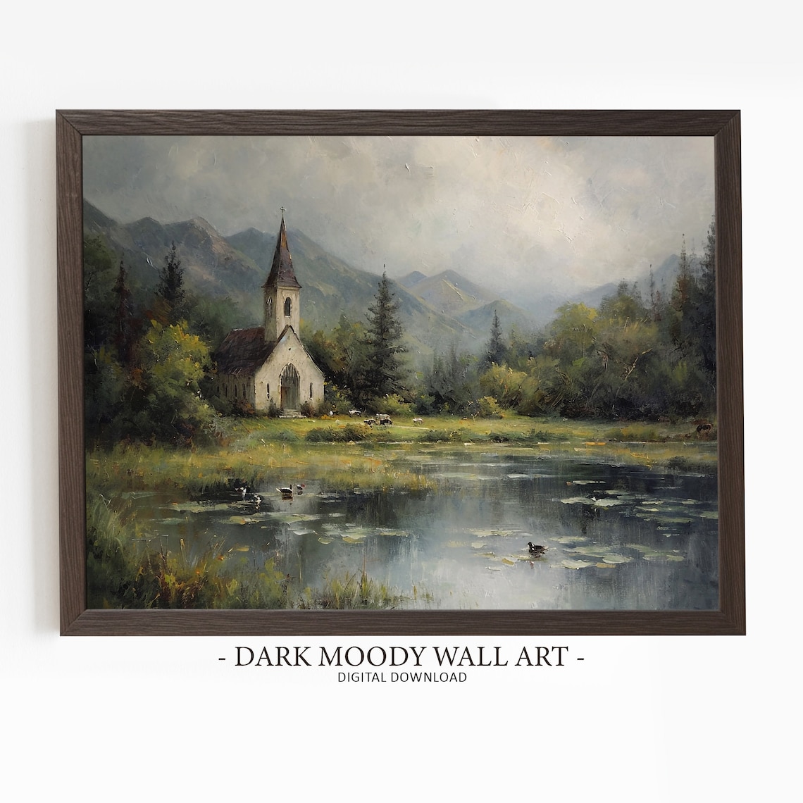 Vintage Church Painting Moody Landscape Art Print