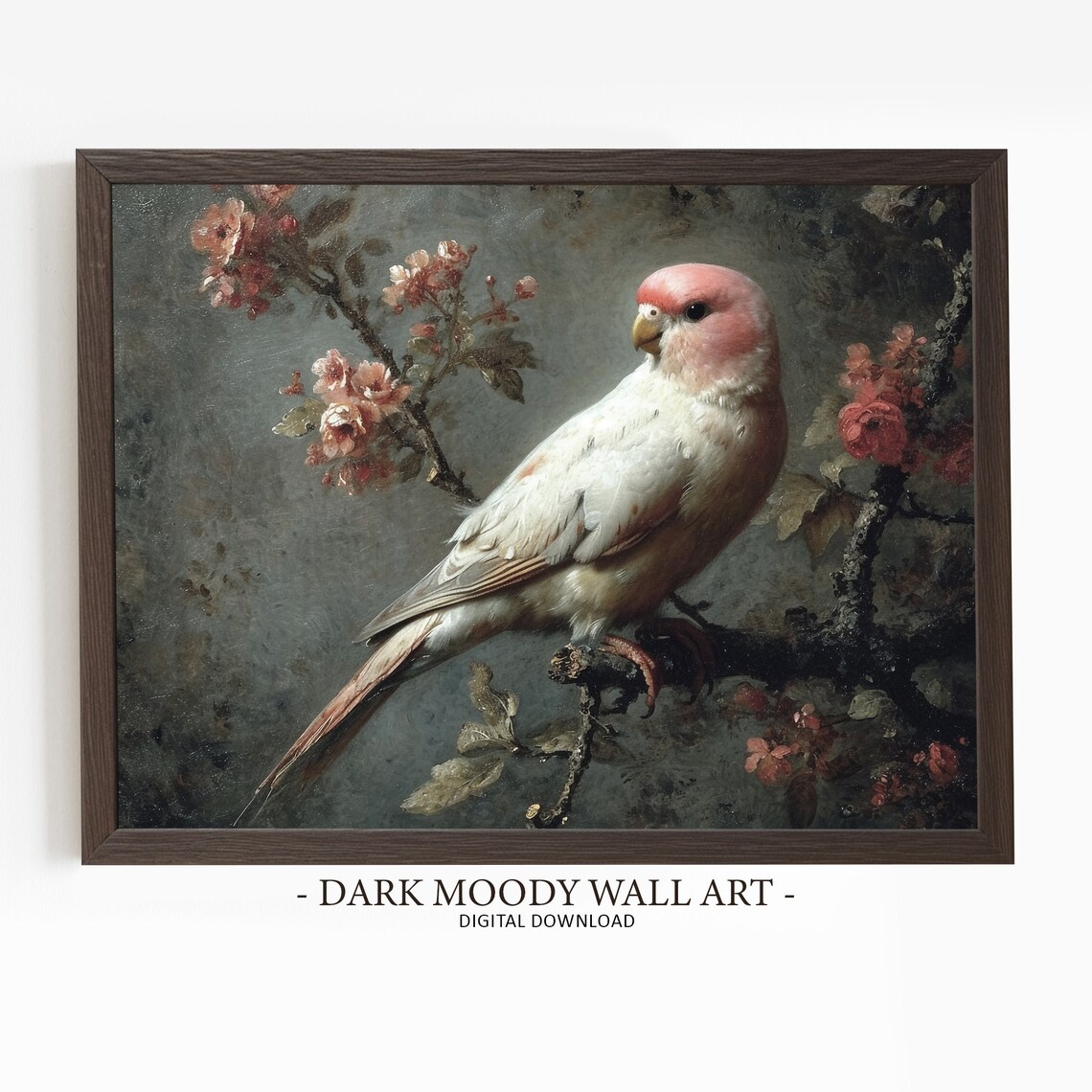 Pink Parrot Blossom Branch Antique Bird Painting Moody Art Poster