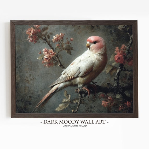 Antique Parrot Wall Art Painting Dark Moody Budgie Bird Vintage Farmhouse Artwork Oil Painting