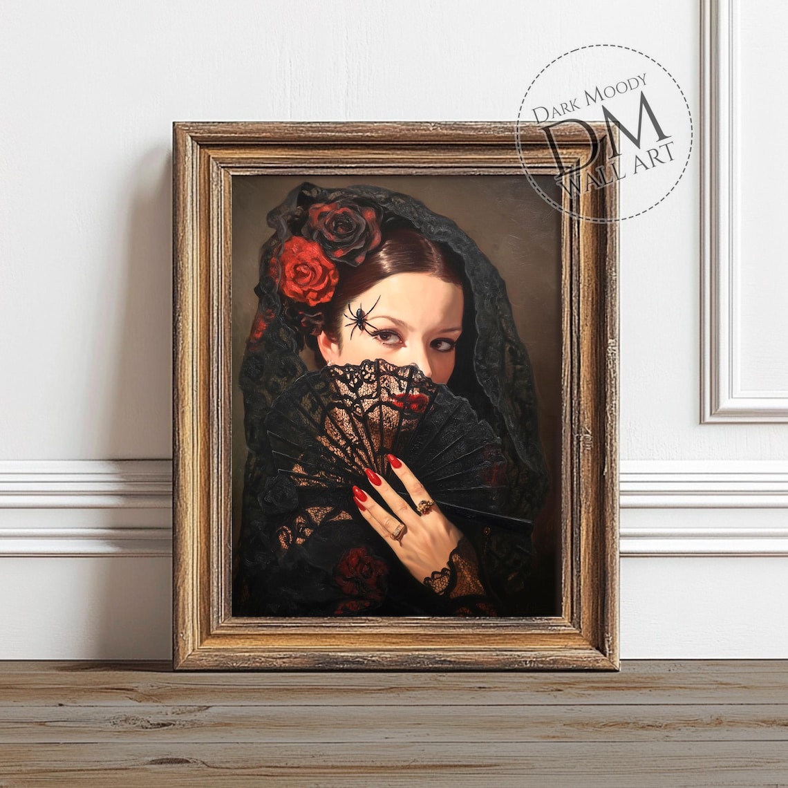 Spanish Lady with Black Lace Fan and Red Roses Dark Gothic Portrait Poster