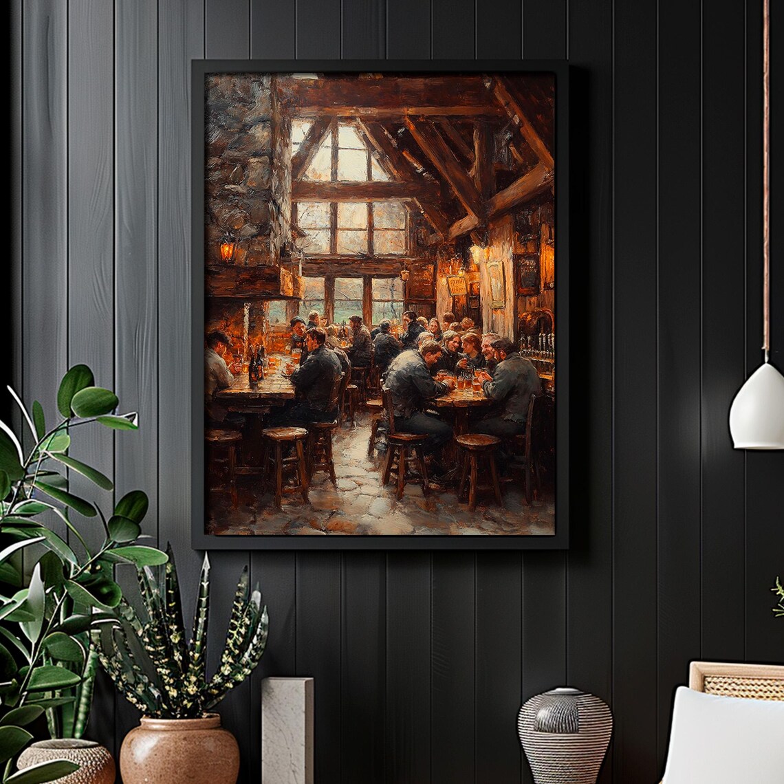 Rustic Tavern Interior With Patrons by Stone Fireplace Wall Art - Image 2