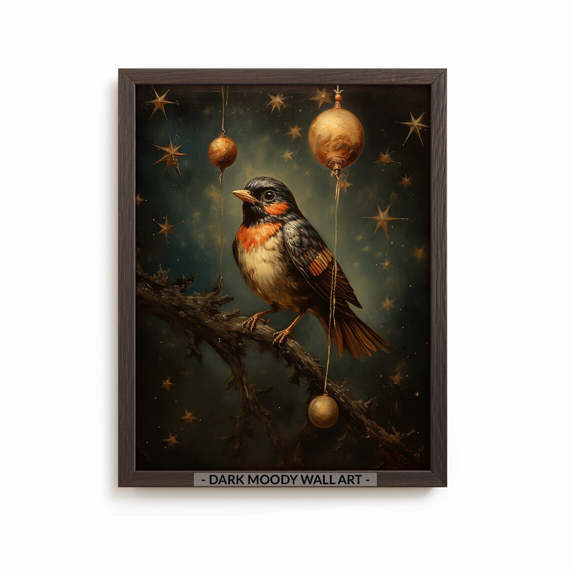 Christmas Bird Golden Baubles Starry Night Holiday Painting Poster