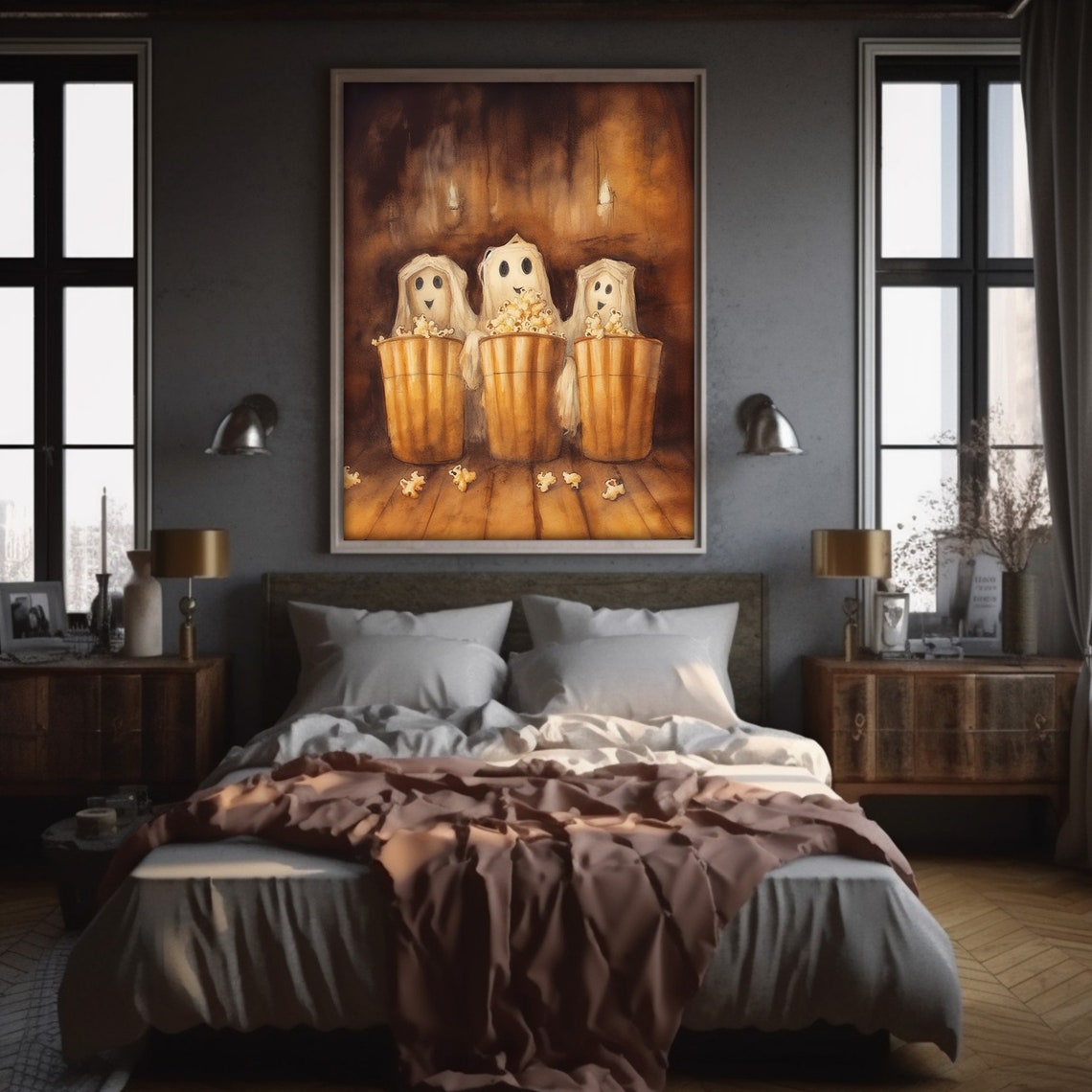 Cute Ghost Print Moody Haunted Halloween Art Gothic Ghost Eating Popcorn Painting Decor - Image 6