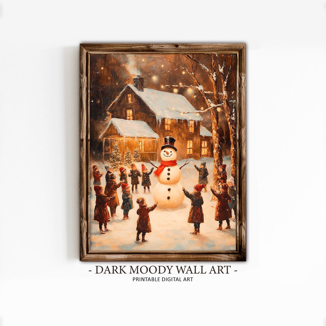 Children Dancing Around Snowman Cabin Night Christmas Poster
